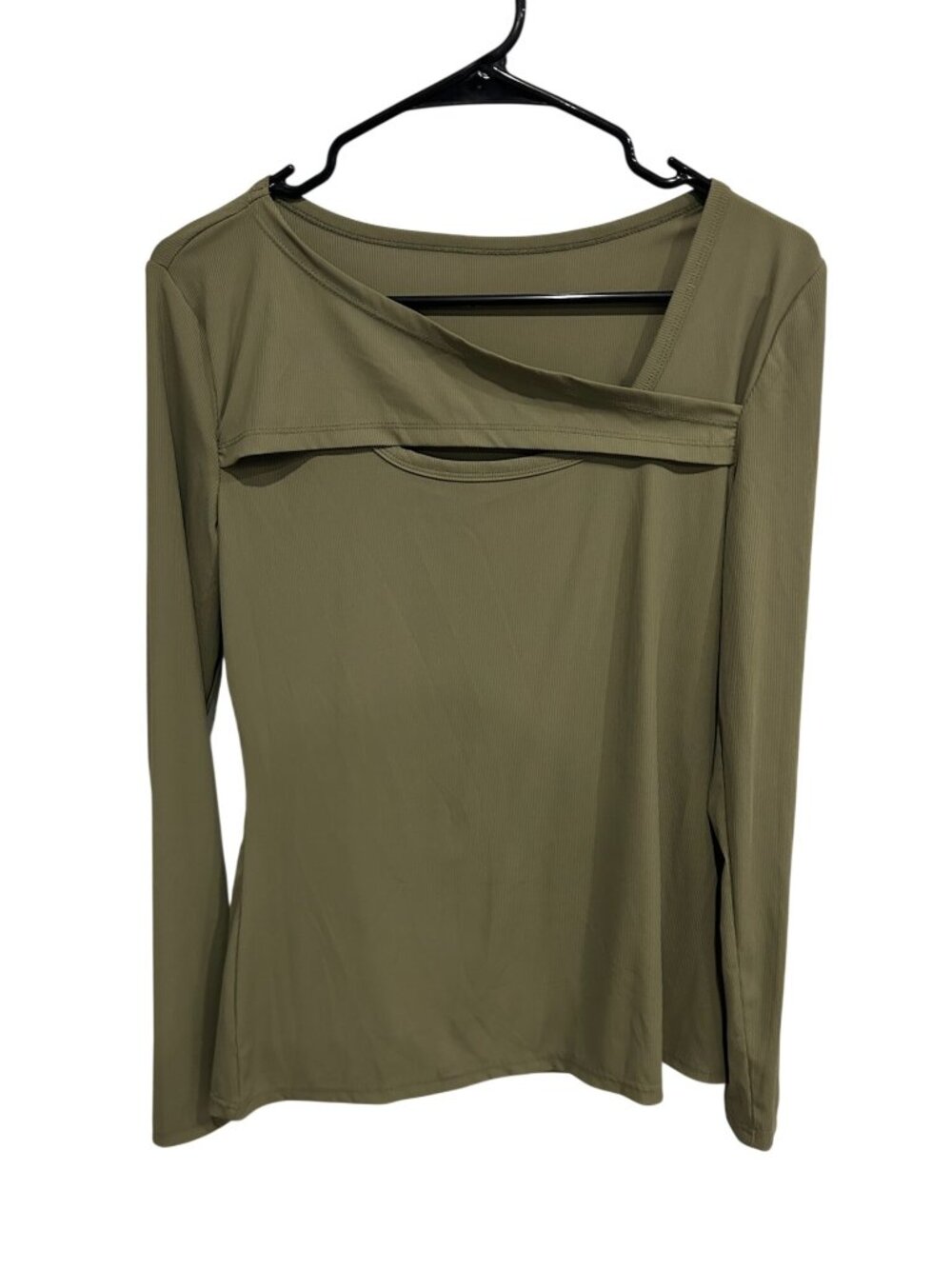 Womens Asymmetrical Olive Green Long Sleeve Top Size Large Modern Minimalist